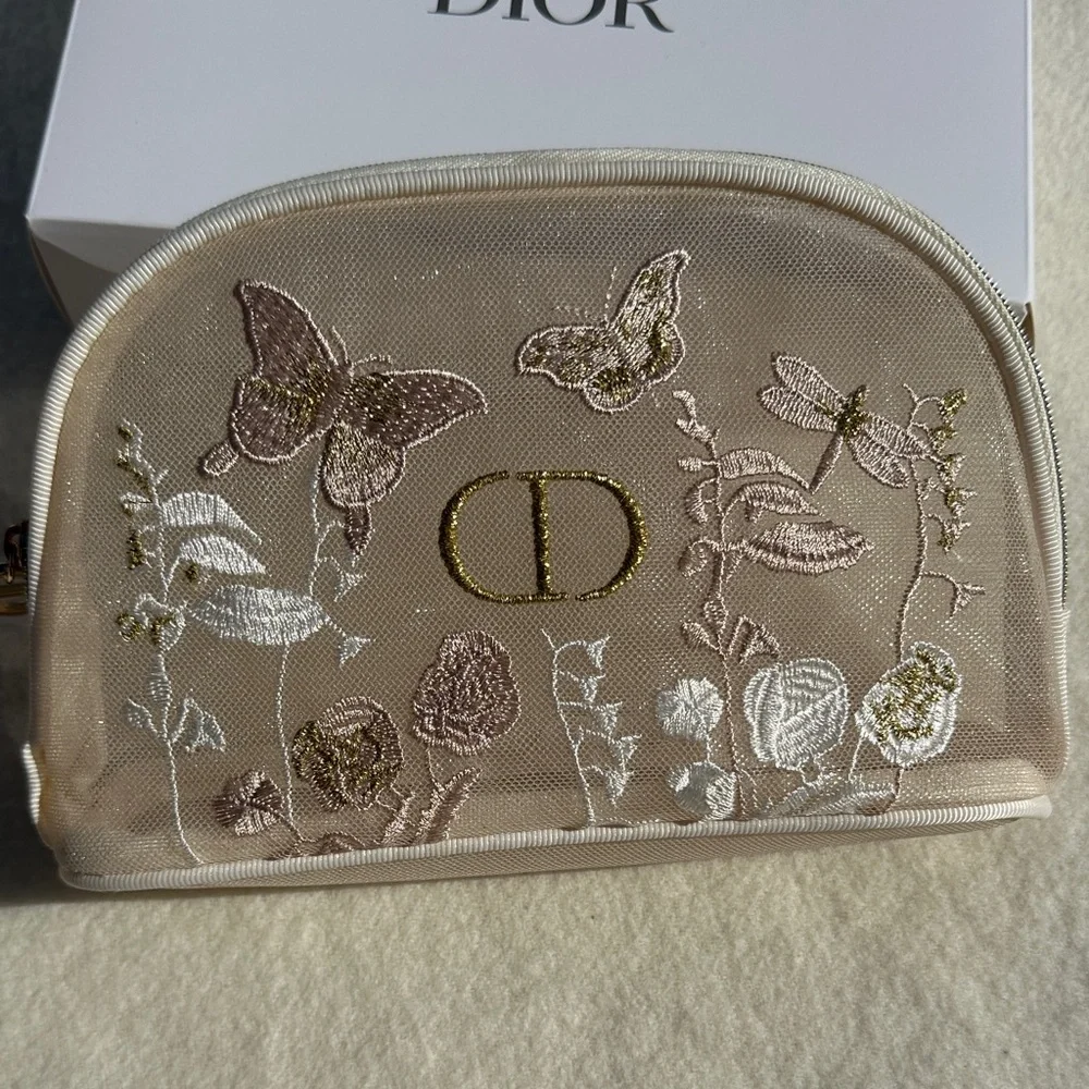 Dior GWP Floral Embroidered Beige Cosmetic Bag
